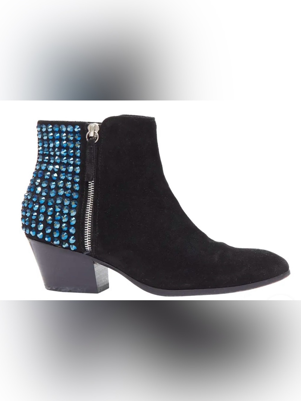 Giuseppe Zanotti Blue Crystal Encrusted Heel Black Suede Booties EU 37